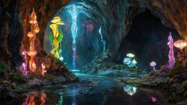 A vibrant and detailed fantasy photograph of an alien planet. Where every element appears meticulously crafted from iridescent stained glass. From a cave system, dominated by towering crystals, giant bioluminescent mushrooms, in all shapes and sizes, that glow in vibrant iridescent colors. A stream of iridescent blue water, flows down the center of the cave from a waterfall, off in the distance. The alien flora, vibrantly colored, attracting alien insects, like nothing you've ever seen. Glow worms hang down from the ceiling, emitting the entire spectrum of the rainbow in colors, they seem to dance and blend as if they are connected. Outside the cave system, the sky shimmers with a breathtaking aurora borealis that fills the sky, creating a cosmic spectacle of galaxies, nebulae, and radiant starlight, in this nighttime landscape.