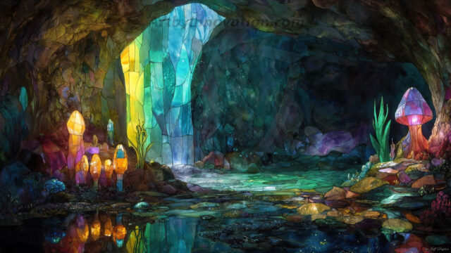 A vibrant and detailed fantasy photograph of an alien planet. Where every element appears meticulously crafted from iridescent stained glass. From a cave system, dominated by towering crystals, giant bioluminescent mushrooms, in all shapes and sizes, that glow in vibrant iridescent colors. A stream of iridescent blue water, flows down the center of the cave from a waterfall, off in the distance. The alien flora, vibrantly colored, attracting alien insects, like nothing you've ever seen. Glow worms hang down from the ceiling, emitting the entire spectrum of the rainbow in colors, they seem to dance and blend as if they are connected. Outside the cave system, the sky shimmers with a breathtaking aurora borealis that fills the sky, creating a cosmic spectacle of galaxies, nebulae, and radiant starlight, in this nighttime landscape.