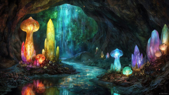 A vibrant and detailed fantasy photograph of an alien planet. Where every element appears meticulously crafted from iridescent stained glass. From a cave system, dominated by towering crystals, giant bioluminescent mushrooms, in all shapes and sizes, that glow in vibrant iridescent colors. A stream of iridescent blue water, flows down the center of the cave from a waterfall, off in the distance. The alien flora, vibrantly colored, attracting alien insects, like nothing you've ever seen. Glow worms hang down from the ceiling, emitting the entire spectrum of the rainbow in colors, they seem to dance and blend as if they are connected. Outside the cave system, the sky shimmers with a breathtaking aurora borealis that fills the sky, creating a cosmic spectacle of galaxies, nebulae, and radiant starlight, in this nighttime landscape.