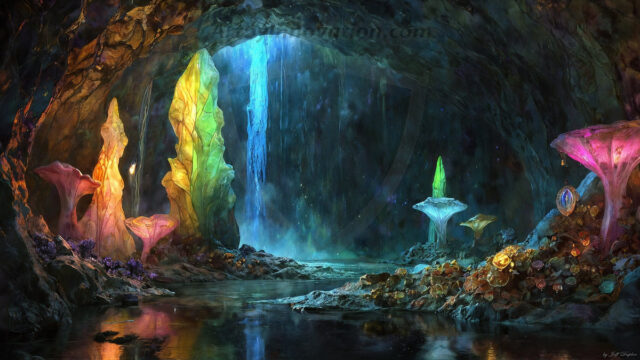 A vibrant and detailed fantasy photograph of an alien planet. Where every element appears meticulously crafted from iridescent stained glass. From a cave system, dominated by towering crystals, giant bioluminescent mushrooms, in all shapes and sizes, that glow in vibrant iridescent colors. A stream of iridescent blue water, flows down the center of the cave from a waterfall, off in the distance. The alien flora, vibrantly colored, attracting alien insects, like nothing you've ever seen. Glow worms hang down from the ceiling, emitting the entire spectrum of the rainbow in colors, they seem to dance and blend as if they are connected. Outside the cave system, the sky shimmers with a breathtaking aurora borealis that fills the sky, creating a cosmic spectacle of galaxies, nebulae, and radiant starlight, in this nighttime landscape.