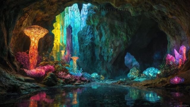 A vibrant and detailed fantasy photograph of an alien planet. Where every element appears meticulously crafted from iridescent stained glass. From a cave system, dominated by towering crystals, giant bioluminescent mushrooms, in all shapes and sizes, that glow in vibrant iridescent colors. A stream of iridescent blue water, flows down the center of the cave from a waterfall, off in the distance. The alien flora, vibrantly colored, attracting alien insects, like nothing you've ever seen. Glow worms hang down from the ceiling, emitting the entire spectrum of the rainbow in colors, they seem to dance and blend as if they are connected. Outside the cave system, the sky shimmers with a breathtaking aurora borealis that fills the sky, creating a cosmic spectacle of galaxies, nebulae, and radiant starlight, in this nighttime landscape.