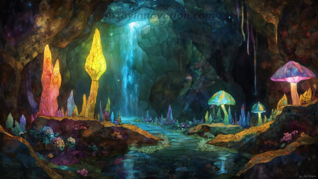 A vibrant and detailed fantasy photograph of an alien planet. Where every element appears meticulously crafted from iridescent stained glass. From a cave system, dominated by towering crystals, giant bioluminescent mushrooms, in all shapes and sizes, that glow in vibrant iridescent colors. A stream of iridescent blue water, flows down the center of the cave from a waterfall, off in the distance. The alien flora, vibrantly colored, attracting alien insects, like nothing you've ever seen. Glow worms hang down from the ceiling, emitting the entire spectrum of the rainbow in colors, they seem to dance and blend as if they are connected. Outside the cave system, the sky shimmers with a breathtaking aurora borealis that fills the sky, creating a cosmic spectacle of galaxies, nebulae, and radiant starlight, in this nighttime landscape.