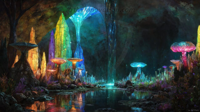 A vibrant and detailed fantasy photograph of an alien planet. Where every element appears meticulously crafted from iridescent stained glass. From a cave system, dominated by towering crystals, giant bioluminescent mushrooms, in all shapes and sizes, that glow in vibrant iridescent colors. A stream of iridescent blue water, flows down the center of the cave from a waterfall, off in the distance. The alien flora, vibrantly colored, attracting alien insects, like nothing you've ever seen. Glow worms hang down from the ceiling, emitting the entire spectrum of the rainbow in colors, they seem to dance and blend as if they are connected. Outside the cave system, the sky shimmers with a breathtaking aurora borealis that fills the sky, creating a cosmic spectacle of galaxies, nebulae, and radiant starlight, in this nighttime landscape.