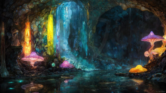 A vibrant and detailed fantasy photograph of an alien planet. Where every element appears meticulously crafted from iridescent stained glass. From a cave system, dominated by towering crystals, giant bioluminescent mushrooms, in all shapes and sizes, that glow in vibrant iridescent colors. A stream of iridescent blue water, flows down the center of the cave from a waterfall, off in the distance. The alien flora, vibrantly colored, attracting alien insects, like nothing you've ever seen. Glow worms hang down from the ceiling, emitting the entire spectrum of the rainbow in colors, they seem to dance and blend as if they are connected. Outside the cave system, the sky shimmers with a breathtaking aurora borealis that fills the sky, creating a cosmic spectacle of galaxies, nebulae, and radiant starlight, in this nighttime landscape.