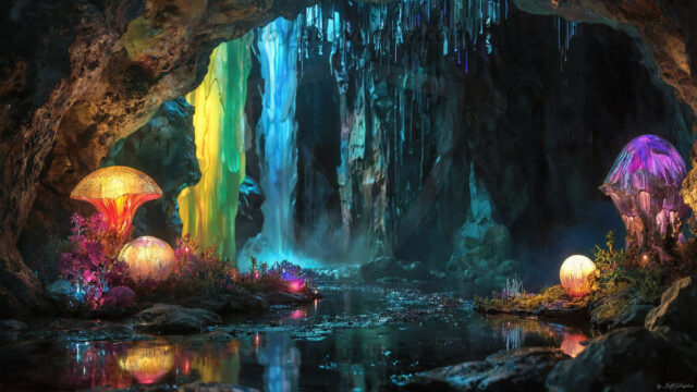 A vibrant and detailed fantasy photograph of an alien planet. Where every element appears meticulously crafted from iridescent stained glass. From a cave system, dominated by towering crystals, giant bioluminescent mushrooms, in all shapes and sizes, that glow in vibrant iridescent colors. A stream of iridescent blue water, flows down the center of the cave from a waterfall, off in the distance. The alien flora, vibrantly colored, attracting alien insects, like nothing you've ever seen. Glow worms hang down from the ceiling, emitting the entire spectrum of the rainbow in colors, they seem to dance and blend as if they are connected. Outside the cave system, the sky shimmers with a breathtaking aurora borealis that fills the sky, creating a cosmic spectacle of galaxies, nebulae, and radiant starlight, in this nighttime landscape.