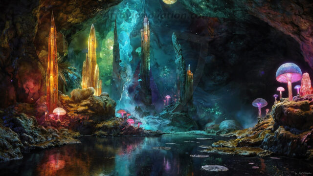 A vibrant and detailed fantasy photograph of an alien planet. Where every element appears meticulously crafted from iridescent stained glass. From a cave system, dominated by towering crystals, giant bioluminescent mushrooms, in all shapes and sizes, that glow in vibrant iridescent colors. A stream of iridescent blue water, flows down the center of the cave from a waterfall, off in the distance. The alien flora, vibrantly colored, attracting alien insects, like nothing you've ever seen. Glow worms hang down from the ceiling, emitting the entire spectrum of the rainbow in colors, they seem to dance and blend as if they are connected. Outside the cave system, the sky shimmers with a breathtaking aurora borealis that fills the sky, creating a cosmic spectacle of galaxies, nebulae, and radiant starlight, in this nighttime landscape.