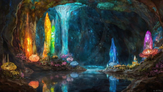 A vibrant and detailed fantasy photograph of an alien planet. Where every element appears meticulously crafted from iridescent stained glass. From a cave system, dominated by towering crystals, giant bioluminescent mushrooms, in all shapes and sizes, that glow in vibrant iridescent colors. A stream of iridescent blue water, flows down the center of the cave from a waterfall, off in the distance. The alien flora, vibrantly colored, attracting alien insects, like nothing you've ever seen. Glow worms hang down from the ceiling, emitting the entire spectrum of the rainbow in colors, they seem to dance and blend as if they are connected. Outside the cave system, the sky shimmers with a breathtaking aurora borealis that fills the sky, creating a cosmic spectacle of galaxies, nebulae, and radiant starlight, in this nighttime landscape.