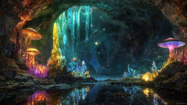 A vibrant and detailed fantasy photograph of an alien planet. Where every element appears meticulously crafted from iridescent stained glass. From a cave system, dominated by towering crystals, giant bioluminescent mushrooms, in all shapes and sizes, that glow in vibrant iridescent colors. A stream of iridescent blue water, flows down the center of the cave from a waterfall, off in the distance. The alien flora, vibrantly colored, attracting alien insects, like nothing you've ever seen. Glow worms hang down from the ceiling, emitting the entire spectrum of the rainbow in colors, they seem to dance and blend as if they are connected. Outside the cave system, the sky shimmers with a breathtaking aurora borealis that fills the sky, creating a cosmic spectacle of galaxies, nebulae, and radiant starlight, in this nighttime landscape.