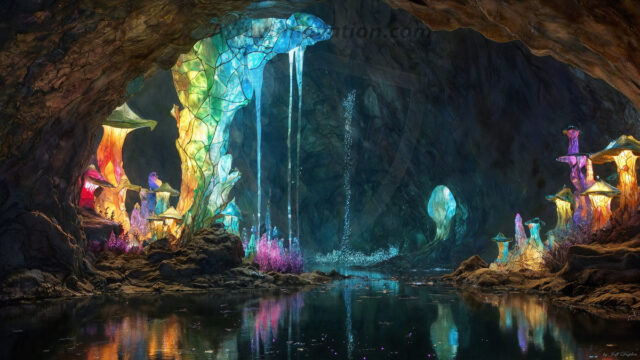 A vibrant and detailed fantasy photograph of an alien planet. Where every element appears meticulously crafted from iridescent stained glass. From a cave system, dominated by towering crystals, giant bioluminescent mushrooms, in all shapes and sizes, that glow in vibrant iridescent colors. A stream of iridescent blue water, flows down the center of the cave from a waterfall, off in the distance. The alien flora, vibrantly colored, attracting alien insects, like nothing you've ever seen. Glow worms hang down from the ceiling, emitting the entire spectrum of the rainbow in colors, they seem to dance and blend as if they are connected. Outside the cave system, the sky shimmers with a breathtaking aurora borealis that fills the sky, creating a cosmic spectacle of galaxies, nebulae, and radiant starlight, in this nighttime landscape.