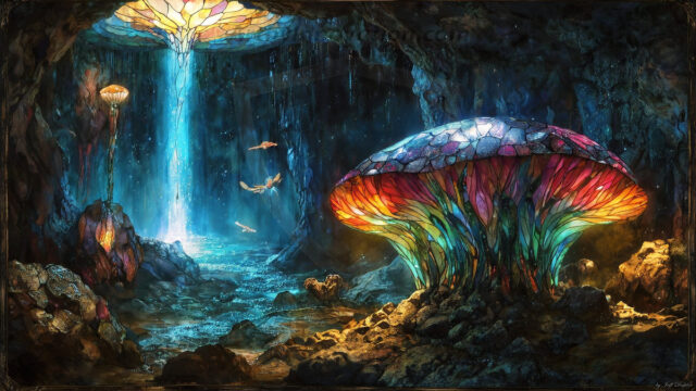 A vibrant and detailed fantasy photograph of an alien planet. Where every element appears meticulously crafted from iridescent stained glass. From a cave system, dominated by towering crystals, giant bioluminescent mushrooms, in all shapes and sizes, that glow in vibrant iridescent colors. A stream of iridescent blue water, flows down the center of the cave from a waterfall, off in the distance. The alien flora, vibrantly colored, attracting alien insects, like nothing you've ever seen. Glow worms hang down from the ceiling, emitting the entire spectrum of the rainbow in colors, they seem to dance and blend as if they are connected. Outside the cave system, the sky shimmers with a breathtaking aurora borealis that fills the sky, creating a cosmic spectacle of galaxies, nebulae, and radiant starlight, in this nighttime landscape.