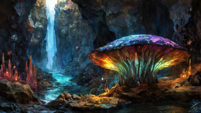 A vibrant and detailed fantasy photograph of an alien planet. Where every element appears meticulously crafted from iridescent stained glass. From a cave system, dominated by towering crystals, giant bioluminescent mushrooms, in all shapes and sizes, that glow in vibrant iridescent colors. A stream of iridescent blue water, flows down the center of the cave from a waterfall, off in the distance. The alien flora, vibrantly colored, attracting alien insects, like nothing you've ever seen. Glow worms hang down from the ceiling, emitting the entire spectrum of the rainbow in colors, they seem to dance and blend as if they are connected. Outside the cave system, the sky shimmers with a breathtaking aurora borealis that fills the sky, creating a cosmic spectacle of galaxies, nebulae, and radiant starlight, in this nighttime landscape.