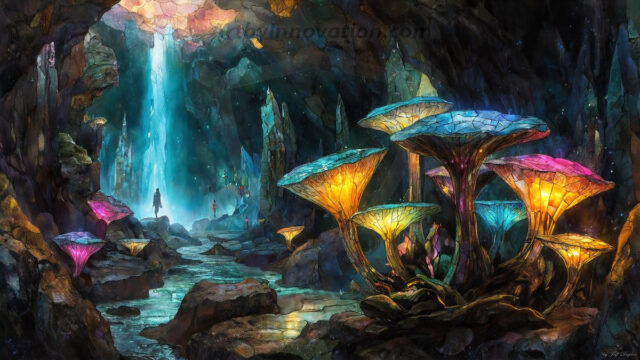 A vibrant and detailed fantasy photograph of an alien planet. Where every element appears meticulously crafted from iridescent stained glass. From a cave system, dominated by towering crystals, giant bioluminescent mushrooms, in all shapes and sizes, that glow in vibrant iridescent colors. A stream of iridescent blue water, flows down the center of the cave from a waterfall, off in the distance. The alien flora, vibrantly colored, attracting alien insects, like nothing you've ever seen. Glow worms hang down from the ceiling, emitting the entire spectrum of the rainbow in colors, they seem to dance and blend as if they are connected. Outside the cave system, the sky shimmers with a breathtaking aurora borealis that fills the sky, creating a cosmic spectacle of galaxies, nebulae, and radiant starlight, in this nighttime landscape.