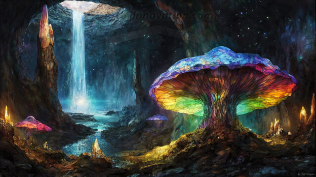 A vibrant and detailed fantasy photograph of an alien planet. Where every element appears meticulously crafted from iridescent stained glass. From a cave system, dominated by towering crystals, giant bioluminescent mushrooms, in all shapes and sizes, that glow in vibrant iridescent colors. A stream of iridescent blue water, flows down the center of the cave from a waterfall, off in the distance. The alien flora, vibrantly colored, attracting alien insects, like nothing you've ever seen. Glow worms hang down from the ceiling, emitting the entire spectrum of the rainbow in colors, they seem to dance and blend as if they are connected. Outside the cave system, the sky shimmers with a breathtaking aurora borealis that fills the sky, creating a cosmic spectacle of galaxies, nebulae, and radiant starlight, in this nighttime landscape.