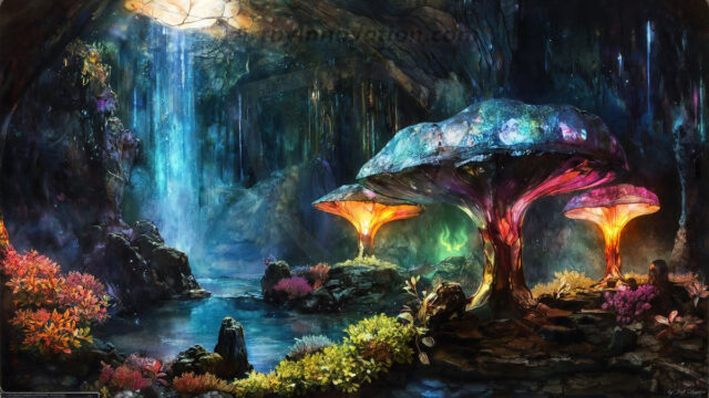 A vibrant and detailed fantasy photograph of an alien planet. Where every element appears meticulously crafted from iridescent stained glass. From a cave system, dominated by towering crystals, giant bioluminescent mushrooms, in all shapes and sizes, that glow in vibrant iridescent colors. A stream of iridescent blue water, flows down the center of the cave from a waterfall, off in the distance. The alien flora, vibrantly colored, attracting alien insects, like nothing you've ever seen. Glow worms hang down from the ceiling, emitting the entire spectrum of the rainbow in colors, they seem to dance and blend as if they are connected. Outside the cave system, the sky shimmers with a breathtaking aurora borealis that fills the sky, creating a cosmic spectacle of galaxies, nebulae, and radiant starlight, in this nighttime landscape.