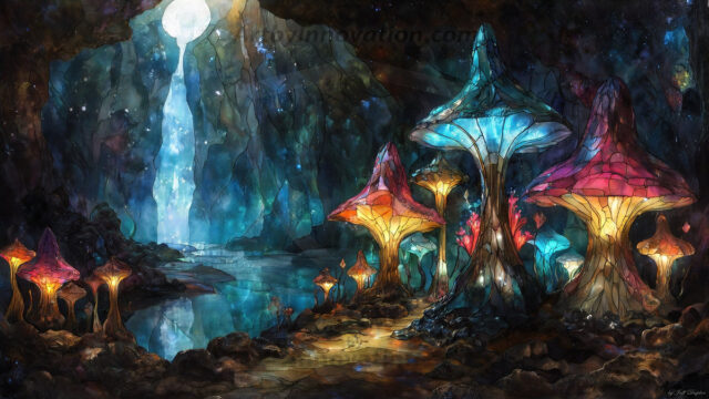 A vibrant and detailed fantasy photograph of an alien planet. Where every element appears meticulously crafted from iridescent stained glass. From a cave system, dominated by towering crystals, giant bioluminescent mushrooms, in all shapes and sizes, that glow in vibrant iridescent colors. A stream of iridescent blue water, flows down the center of the cave from a waterfall, off in the distance. The alien flora, vibrantly colored, attracting alien insects, like nothing you've ever seen. Glow worms hang down from the ceiling, emitting the entire spectrum of the rainbow in colors, they seem to dance and blend as if they are connected. Outside the cave system, the sky shimmers with a breathtaking aurora borealis that fills the sky, creating a cosmic spectacle of galaxies, nebulae, and radiant starlight, in this nighttime landscape.