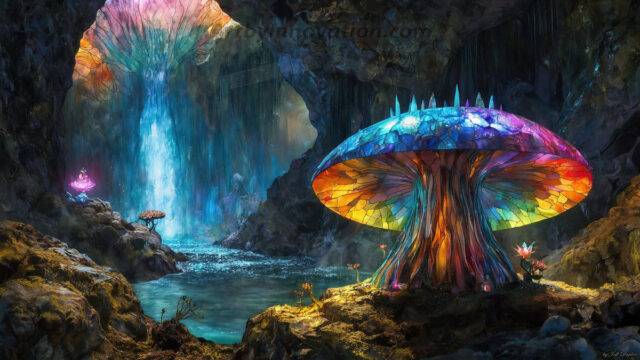 A vibrant and detailed fantasy photograph of an alien planet. Where every element appears meticulously crafted from iridescent stained glass. From a cave system, dominated by towering crystals, giant bioluminescent mushrooms, in all shapes and sizes, that glow in vibrant iridescent colors. A stream of iridescent blue water, flows down the center of the cave from a waterfall, off in the distance. The alien flora, vibrantly colored, attracting alien insects, like nothing you've ever seen. Glow worms hang down from the ceiling, emitting the entire spectrum of the rainbow in colors, they seem to dance and blend as if they are connected. Outside the cave system, the sky shimmers with a breathtaking aurora borealis that fills the sky, creating a cosmic spectacle of galaxies, nebulae, and radiant starlight, in this nighttime landscape.