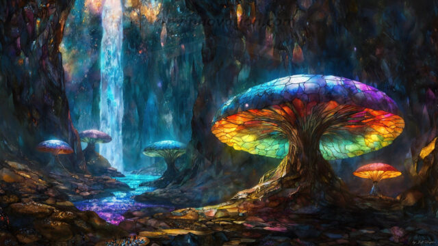 A vibrant and detailed fantasy photograph of an alien planet. Where every element appears meticulously crafted from iridescent stained glass. From a cave system, dominated by towering crystals, giant bioluminescent mushrooms, in all shapes and sizes, that glow in vibrant iridescent colors. A stream of iridescent blue water, flows down the center of the cave from a waterfall, off in the distance. The alien flora, vibrantly colored, attracting alien insects, like nothing you've ever seen. Glow worms hang down from the ceiling, emitting the entire spectrum of the rainbow in colors, they seem to dance and blend as if they are connected. Outside the cave system, the sky shimmers with a breathtaking aurora borealis that fills the sky, creating a cosmic spectacle of galaxies, nebulae, and radiant starlight, in this nighttime landscape.