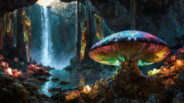 A vibrant and detailed fantasy photograph of an alien planet. Where every element appears meticulously crafted from iridescent stained glass. From a cave system, dominated by towering crystals, giant bioluminescent mushrooms, in all shapes and sizes, that glow in vibrant iridescent colors. A stream of iridescent blue water, flows down the center of the cave from a waterfall, off in the distance. The alien flora, vibrantly colored, attracting alien insects, like nothing you've ever seen. Glow worms hang down from the ceiling, emitting the entire spectrum of the rainbow in colors, they seem to dance and blend as if they are connected. Outside the cave system, the sky shimmers with a breathtaking aurora borealis that fills the sky, creating a cosmic spectacle of galaxies, nebulae, and radiant starlight, in this nighttime landscape.