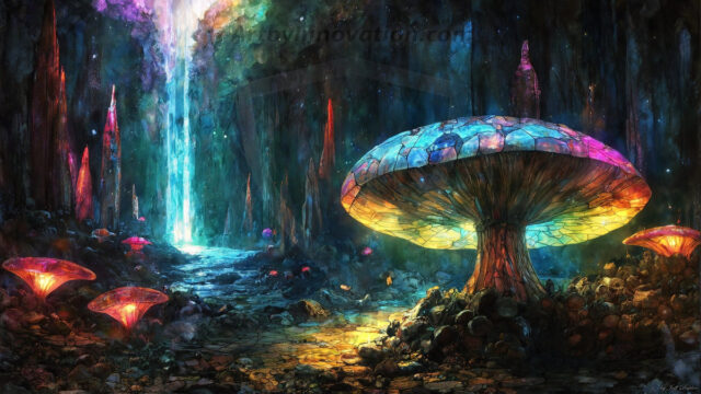 A vibrant and detailed fantasy photograph of an alien planet. Where every element appears meticulously crafted from iridescent stained glass. From a cave system, dominated by towering crystals, giant bioluminescent mushrooms, in all shapes and sizes, that glow in vibrant iridescent colors. A stream of iridescent blue water, flows down the center of the cave from a waterfall, off in the distance. The alien flora, vibrantly colored, attracting alien insects, like nothing you've ever seen. Glow worms hang down from the ceiling, emitting the entire spectrum of the rainbow in colors, they seem to dance and blend as if they are connected. Outside the cave system, the sky shimmers with a breathtaking aurora borealis that fills the sky, creating a cosmic spectacle of galaxies, nebulae, and radiant starlight, in this nighttime landscape.