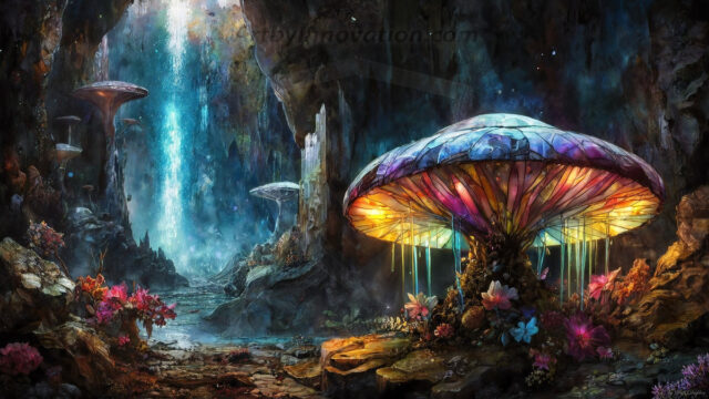 A vibrant and detailed fantasy photograph of an alien planet. Where every element appears meticulously crafted from iridescent stained glass. From a cave system, dominated by towering crystals, giant bioluminescent mushrooms, in all shapes and sizes, that glow in vibrant iridescent colors. A stream of iridescent blue water, flows down the center of the cave from a waterfall, off in the distance. The alien flora, vibrantly colored, attracting alien insects, like nothing you've ever seen. Glow worms hang down from the ceiling, emitting the entire spectrum of the rainbow in colors, they seem to dance and blend as if they are connected. Outside the cave system, the sky shimmers with a breathtaking aurora borealis that fills the sky, creating a cosmic spectacle of galaxies, nebulae, and radiant starlight, in this nighttime landscape.