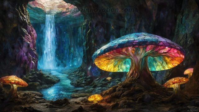 A vibrant and detailed fantasy photograph of an alien planet. Where every element appears meticulously crafted from iridescent stained glass. From a cave system, dominated by towering crystals, giant bioluminescent mushrooms, in all shapes and sizes, that glow in vibrant iridescent colors. A stream of iridescent blue water, flows down the center of the cave from a waterfall, off in the distance. The alien flora, vibrantly colored, attracting alien insects, like nothing you've ever seen. Glow worms hang down from the ceiling, emitting the entire spectrum of the rainbow in colors, they seem to dance and blend as if they are connected. Outside the cave system, the sky shimmers with a breathtaking aurora borealis that fills the sky, creating a cosmic spectacle of galaxies, nebulae, and radiant starlight, in this nighttime landscape.