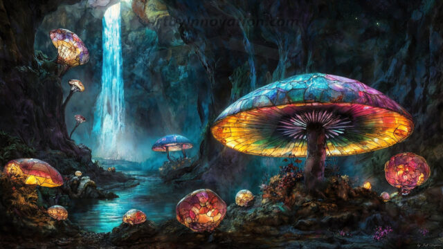 A vibrant and detailed fantasy photograph of an alien planet. Where every element appears meticulously crafted from iridescent stained glass. From a cave system, dominated by towering crystals, giant bioluminescent mushrooms, in all shapes and sizes, that glow in vibrant iridescent colors. A stream of iridescent blue water, flows down the center of the cave from a waterfall, off in the distance. The alien flora, vibrantly colored, attracting alien insects, like nothing you've ever seen. Glow worms hang down from the ceiling, emitting the entire spectrum of the rainbow in colors, they seem to dance and blend as if they are connected. Outside the cave system, the sky shimmers with a breathtaking aurora borealis that fills the sky, creating a cosmic spectacle of galaxies, nebulae, and radiant starlight, in this nighttime landscape.