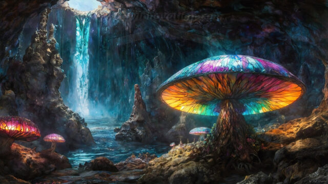 A vibrant and detailed fantasy photograph of an alien planet. Where every element appears meticulously crafted from iridescent stained glass. From a cave system, dominated by towering crystals, giant bioluminescent mushrooms, in all shapes and sizes, that glow in vibrant iridescent colors. A stream of iridescent blue water, flows down the center of the cave from a waterfall, off in the distance. The alien flora, vibrantly colored, attracting alien insects, like nothing you've ever seen. Glow worms hang down from the ceiling, emitting the entire spectrum of the rainbow in colors, they seem to dance and blend as if they are connected. Outside the cave system, the sky shimmers with a breathtaking aurora borealis that fills the sky, creating a cosmic spectacle of galaxies, nebulae, and radiant starlight, in this nighttime landscape.