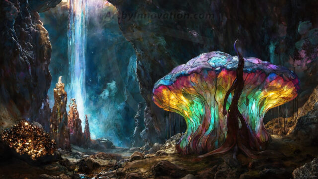 A vibrant and detailed fantasy photograph of an alien planet. Where every element appears meticulously crafted from iridescent stained glass. From a cave system, dominated by towering crystals, giant bioluminescent mushrooms, in all shapes and sizes, that glow in vibrant iridescent colors. A stream of iridescent blue water, flows down the center of the cave from a waterfall, off in the distance. The alien flora, vibrantly colored, attracting alien insects, like nothing you've ever seen. Glow worms hang down from the ceiling, emitting the entire spectrum of the rainbow in colors, they seem to dance and blend as if they are connected. Outside the cave system, the sky shimmers with a breathtaking aurora borealis that fills the sky, creating a cosmic spectacle of galaxies, nebulae, and radiant starlight, in this nighttime landscape.