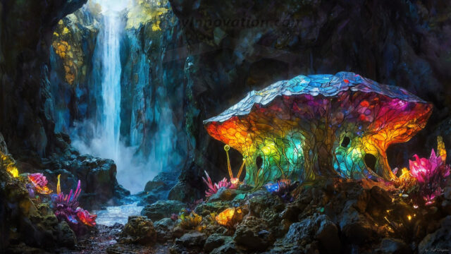 A vibrant and detailed fantasy photograph of an alien planet. Where every element appears meticulously crafted from iridescent stained glass. From a cave system, dominated by towering crystals, giant bioluminescent mushrooms, in all shapes and sizes, that glow in vibrant iridescent colors. A stream of iridescent blue water, flows down the center of the cave from a waterfall, off in the distance. The alien flora, vibrantly colored, attracting alien insects, like nothing you've ever seen. Glow worms hang down from the ceiling, emitting the entire spectrum of the rainbow in colors, they seem to dance and blend as if they are connected. Outside the cave system, the sky shimmers with a breathtaking aurora borealis that fills the sky, creating a cosmic spectacle of galaxies, nebulae, and radiant starlight, in this nighttime landscape.
