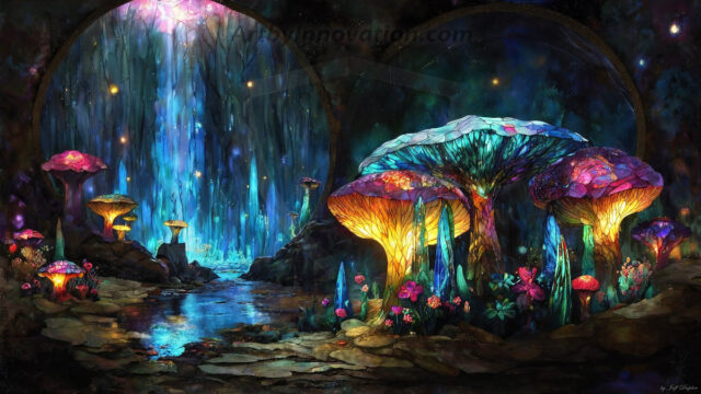 A vibrant and detailed fantasy photograph of an alien planet. Where every element appears meticulously crafted from iridescent stained glass. From a cave system, dominated by towering crystals, giant bioluminescent mushrooms, in all shapes and sizes, that glow in vibrant iridescent colors. A stream of iridescent blue water, flows down the center of the cave from a waterfall, off in the distance. The alien flora, vibrantly colored, attracting alien insects, like nothing you've ever seen. Glow worms hang down from the ceiling, emitting the entire spectrum of the rainbow in colors, they seem to dance and blend as if they are connected. Outside the cave system, the sky shimmers with a breathtaking aurora borealis that fills the sky, creating a cosmic spectacle of galaxies, nebulae, and radiant starlight, in this nighttime landscape.