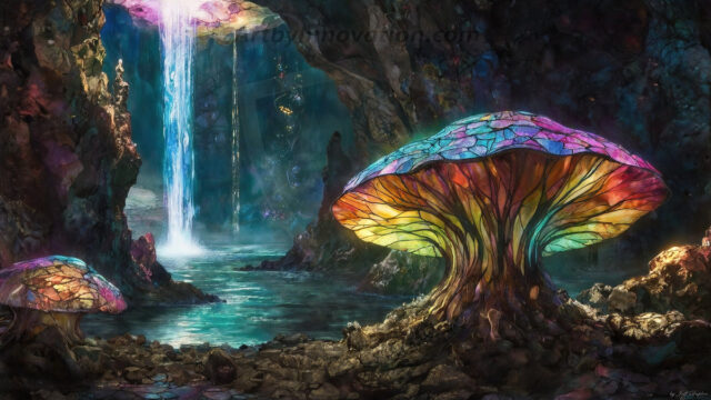A vibrant and detailed fantasy photograph of an alien planet. Where every element appears meticulously crafted from iridescent stained glass. From a cave system, dominated by towering crystals, giant bioluminescent mushrooms, in all shapes and sizes, that glow in vibrant iridescent colors. A stream of iridescent blue water, flows down the center of the cave from a waterfall, off in the distance. The alien flora, vibrantly colored, attracting alien insects, like nothing you've ever seen. Glow worms hang down from the ceiling, emitting the entire spectrum of the rainbow in colors, they seem to dance and blend as if they are connected. Outside the cave system, the sky shimmers with a breathtaking aurora borealis that fills the sky, creating a cosmic spectacle of galaxies, nebulae, and radiant starlight, in this nighttime landscape.