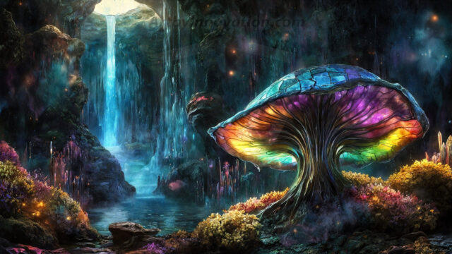 A vibrant and detailed fantasy photograph of an alien planet. Where every element appears meticulously crafted from iridescent stained glass. From a cave system, dominated by towering crystals, giant bioluminescent mushrooms, in all shapes and sizes, that glow in vibrant iridescent colors. A stream of iridescent blue water, flows down the center of the cave from a waterfall, off in the distance. The alien flora, vibrantly colored, attracting alien insects, like nothing you've ever seen. Glow worms hang down from the ceiling, emitting the entire spectrum of the rainbow in colors, they seem to dance and blend as if they are connected. Outside the cave system, the sky shimmers with a breathtaking aurora borealis that fills the sky, creating a cosmic spectacle of galaxies, nebulae, and radiant starlight, in this nighttime landscape.