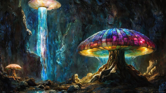 A vibrant and detailed fantasy photograph of an alien planet. Where every element appears meticulously crafted from iridescent stained glass. From a cave system, dominated by towering crystals, giant bioluminescent mushrooms, in all shapes and sizes, that glow in vibrant iridescent colors. A stream of iridescent blue water, flows down the center of the cave from a waterfall, off in the distance. The alien flora, vibrantly colored, attracting alien insects, like nothing you've ever seen. Glow worms hang down from the ceiling, emitting the entire spectrum of the rainbow in colors, they seem to dance and blend as if they are connected. Outside the cave system, the sky shimmers with a breathtaking aurora borealis that fills the sky, creating a cosmic spectacle of galaxies, nebulae, and radiant starlight, in this nighttime landscape.