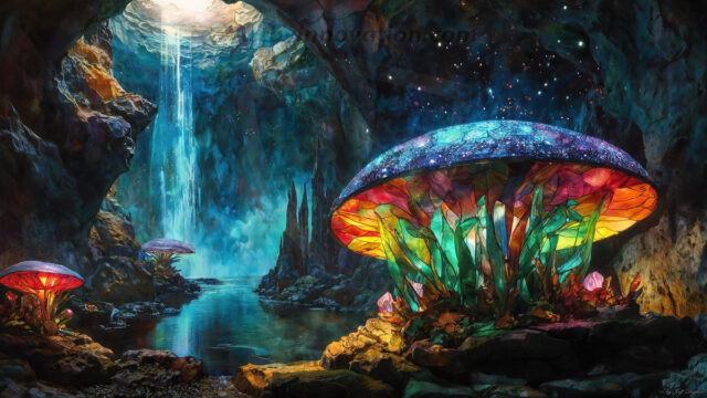 A vibrant and detailed fantasy photograph of an alien planet. Where every element appears meticulously crafted from iridescent stained glass. From a cave system, dominated by towering crystals, giant bioluminescent mushrooms, in all shapes and sizes, that glow in vibrant iridescent colors. A stream of iridescent blue water, flows down the center of the cave from a waterfall, off in the distance. The alien flora, vibrantly colored, attracting alien insects, like nothing you've ever seen. Glow worms hang down from the ceiling, emitting the entire spectrum of the rainbow in colors, they seem to dance and blend as if they are connected. Outside the cave system, the sky shimmers with a breathtaking aurora borealis that fills the sky, creating a cosmic spectacle of galaxies, nebulae, and radiant starlight, in this nighttime landscape.