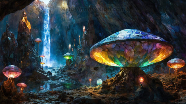 A vibrant and detailed fantasy photograph of an alien planet. Where every element appears meticulously crafted from iridescent stained glass. From a cave system, dominated by towering crystals, giant bioluminescent mushrooms, in all shapes and sizes, that glow in vibrant iridescent colors. A stream of iridescent blue water, flows down the center of the cave from a waterfall, off in the distance. The alien flora, vibrantly colored, attracting alien insects, like nothing you've ever seen. Glow worms hang down from the ceiling, emitting the entire spectrum of the rainbow in colors, they seem to dance and blend as if they are connected. Outside the cave system, the sky shimmers with a breathtaking aurora borealis that fills the sky, creating a cosmic spectacle of galaxies, nebulae, and radiant starlight, in this nighttime landscape.