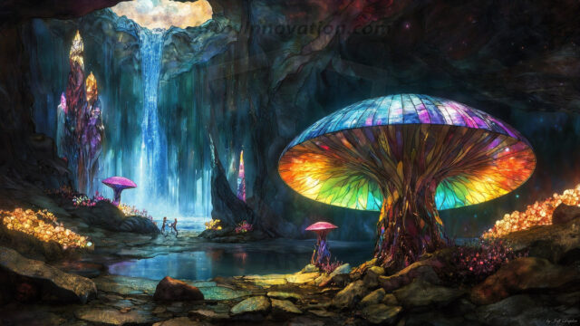 A vibrant and detailed fantasy photograph of an alien planet. Where every element appears meticulously crafted from iridescent stained glass. From a cave system, dominated by towering crystals, giant bioluminescent mushrooms, in all shapes and sizes, that glow in vibrant iridescent colors. A stream of iridescent blue water, flows down the center of the cave from a waterfall, off in the distance. The alien flora, vibrantly colored, attracting alien insects, like nothing you've ever seen. Glow worms hang down from the ceiling, emitting the entire spectrum of the rainbow in colors, they seem to dance and blend as if they are connected. Outside the cave system, the sky shimmers with a breathtaking aurora borealis that fills the sky, creating a cosmic spectacle of galaxies, nebulae, and radiant starlight, in this nighttime landscape.