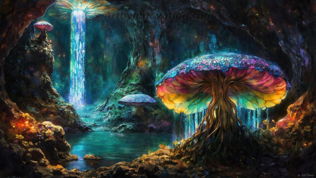 A vibrant and detailed fantasy photograph of an alien planet. Where every element appears meticulously crafted from iridescent stained glass. From a cave system, dominated by towering crystals, giant bioluminescent mushrooms, in all shapes and sizes, that glow in vibrant iridescent colors. A stream of iridescent blue water, flows down the center of the cave from a waterfall, off in the distance. The alien flora, vibrantly colored, attracting alien insects, like nothing you've ever seen. Glow worms hang down from the ceiling, emitting the entire spectrum of the rainbow in colors, they seem to dance and blend as if they are connected. Outside the cave system, the sky shimmers with a breathtaking aurora borealis that fills the sky, creating a cosmic spectacle of galaxies, nebulae, and radiant starlight, in this nighttime landscape.