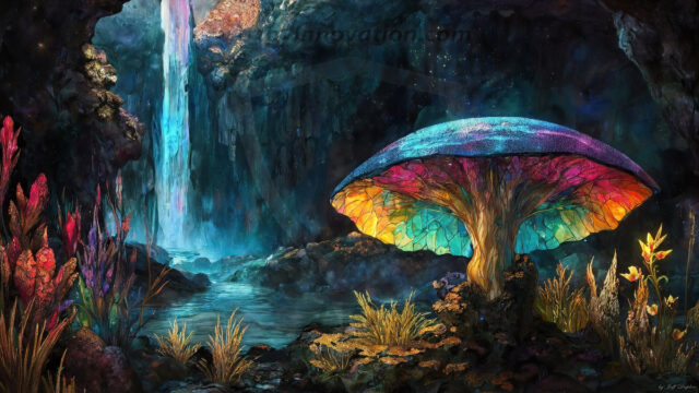 A vibrant and detailed fantasy photograph of an alien planet. Where every element appears meticulously crafted from iridescent stained glass. From a cave system, dominated by towering crystals, giant bioluminescent mushrooms, in all shapes and sizes, that glow in vibrant iridescent colors. A stream of iridescent blue water, flows down the center of the cave from a waterfall, off in the distance. The alien flora, vibrantly colored, attracting alien insects, like nothing you've ever seen. Glow worms hang down from the ceiling, emitting the entire spectrum of the rainbow in colors, they seem to dance and blend as if they are connected. Outside the cave system, the sky shimmers with a breathtaking aurora borealis that fills the sky, creating a cosmic spectacle of galaxies, nebulae, and radiant starlight, in this nighttime landscape.