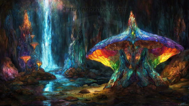 A vibrant and detailed fantasy photograph of an alien planet. Where every element appears meticulously crafted from iridescent stained glass. From a cave system, dominated by towering crystals, giant bioluminescent mushrooms, in all shapes and sizes, that glow in vibrant iridescent colors. A stream of iridescent blue water, flows down the center of the cave from a waterfall, off in the distance. The alien flora, vibrantly colored, attracting alien insects, like nothing you've ever seen. Glow worms hang down from the ceiling, emitting the entire spectrum of the rainbow in colors, they seem to dance and blend as if they are connected. Outside the cave system, the sky shimmers with a breathtaking aurora borealis that fills the sky, creating a cosmic spectacle of galaxies, nebulae, and radiant starlight, in this nighttime landscape.