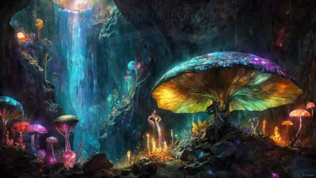 A vibrant and detailed fantasy photograph of an alien planet. Where every element appears meticulously crafted from iridescent stained glass. From a cave system, dominated by towering crystals, giant bioluminescent mushrooms, in all shapes and sizes, that glow in vibrant iridescent colors. A stream of iridescent blue water, flows down the center of the cave from a waterfall, off in the distance. The alien flora, vibrantly colored, attracting alien insects, like nothing you've ever seen. Glow worms hang down from the ceiling, emitting the entire spectrum of the rainbow in colors, they seem to dance and blend as if they are connected. Outside the cave system, the sky shimmers with a breathtaking aurora borealis that fills the sky, creating a cosmic spectacle of galaxies, nebulae, and radiant starlight, in this nighttime landscape.