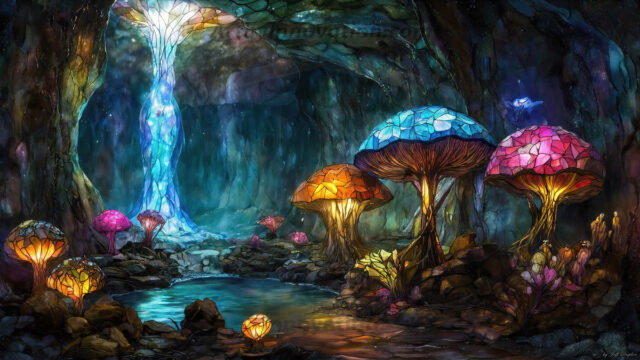 A vibrant and detailed fantasy photograph of an alien planet. Where every element appears meticulously crafted from iridescent stained glass. From a cave system, dominated by towering crystals, giant bioluminescent mushrooms, in all shapes and sizes, that glow in vibrant iridescent colors. A stream of iridescent blue water, flows down the center of the cave from a waterfall, off in the distance. The alien flora, vibrantly colored, attracting alien insects, like nothing you've ever seen. Glow worms hang down from the ceiling, emitting the entire spectrum of the rainbow in colors, they seem to dance and blend as if they are connected. Outside the cave system, the sky shimmers with a breathtaking aurora borealis that fills the sky, creating a cosmic spectacle of galaxies, nebulae, and radiant starlight, in this nighttime landscape.