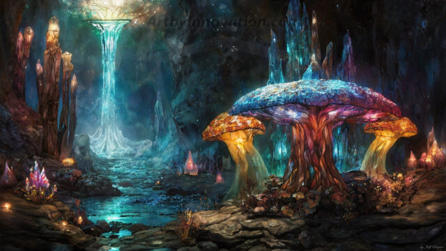 A vibrant and detailed fantasy photograph of an alien planet. Where every element appears meticulously crafted from iridescent stained glass. From a cave system, dominated by towering crystals, giant bioluminescent mushrooms, in all shapes and sizes, that glow in vibrant iridescent colors. A stream of iridescent blue water, flows down the center of the cave from a waterfall, off in the distance. The alien flora, vibrantly colored, attracting alien insects, like nothing you've ever seen. Glow worms hang down from the ceiling, emitting the entire spectrum of the rainbow in colors, they seem to dance and blend as if they are connected. Outside the cave system, the sky shimmers with a breathtaking aurora borealis that fills the sky, creating a cosmic spectacle of galaxies, nebulae, and radiant starlight, in this nighttime landscape.