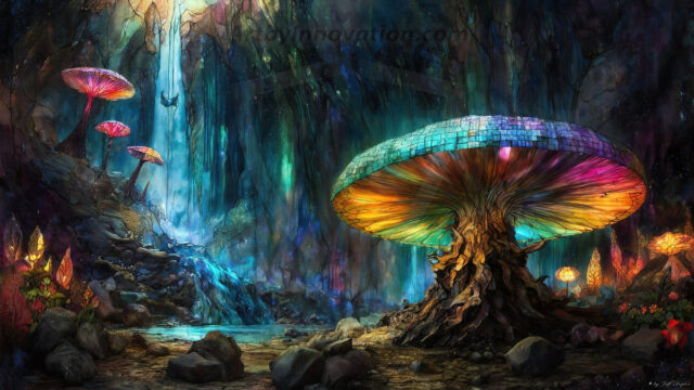 A vibrant and detailed fantasy photograph of an alien planet. Where every element appears meticulously crafted from iridescent stained glass. From a cave system, dominated by towering crystals, giant bioluminescent mushrooms, in all shapes and sizes, that glow in vibrant iridescent colors. A stream of iridescent blue water, flows down the center of the cave from a waterfall, off in the distance. The alien flora, vibrantly colored, attracting alien insects, like nothing you've ever seen. Glow worms hang down from the ceiling, emitting the entire spectrum of the rainbow in colors, they seem to dance and blend as if they are connected. Outside the cave system, the sky shimmers with a breathtaking aurora borealis that fills the sky, creating a cosmic spectacle of galaxies, nebulae, and radiant starlight, in this nighttime landscape.