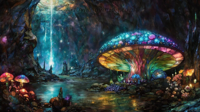 A vibrant and detailed fantasy photograph of an alien planet. Where every element appears meticulously crafted from iridescent stained glass. From a cave system, dominated by towering crystals, giant bioluminescent mushrooms, in all shapes and sizes, that glow in vibrant iridescent colors. A stream of iridescent blue water, flows down the center of the cave from a waterfall, off in the distance. The alien flora, vibrantly colored, attracting alien insects, like nothing you've ever seen. Glow worms hang down from the ceiling, emitting the entire spectrum of the rainbow in colors, they seem to dance and blend as if they are connected. Outside the cave system, the sky shimmers with a breathtaking aurora borealis that fills the sky, creating a cosmic spectacle of galaxies, nebulae, and radiant starlight, in this nighttime landscape.