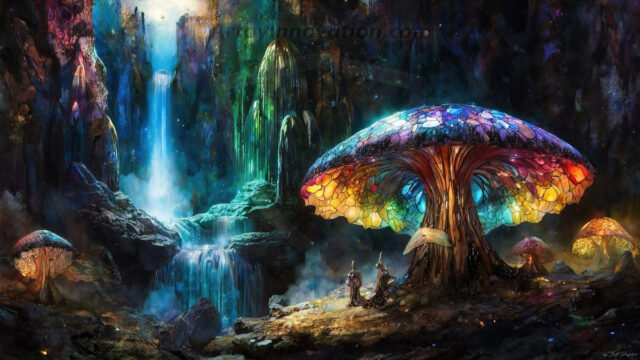 A vibrant and detailed fantasy photograph of an alien planet. Where every element appears meticulously crafted from iridescent stained glass. From a cave system, dominated by towering crystals, giant bioluminescent mushrooms, in all shapes and sizes, that glow in vibrant iridescent colors. A stream of iridescent blue water, flows down the center of the cave from a waterfall, off in the distance. The alien flora, vibrantly colored, attracting alien insects, like nothing you've ever seen. Glow worms hang down from the ceiling, emitting the entire spectrum of the rainbow in colors, they seem to dance and blend as if they are connected. Outside the cave system, the sky shimmers with a breathtaking aurora borealis that fills the sky, creating a cosmic spectacle of galaxies, nebulae, and radiant starlight, in this nighttime landscape.
