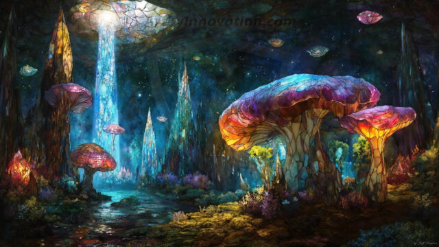 A vibrant and detailed fantasy photograph of an alien planet. Where every element appears meticulously crafted from iridescent stained glass. From a cave system, dominated by towering crystals, giant bioluminescent mushrooms, in all shapes and sizes, that glow in vibrant iridescent colors. A stream of iridescent blue water, flows down the center of the cave from a waterfall, off in the distance. The alien flora, vibrantly colored, attracting alien insects, like nothing you've ever seen. Glow worms hang down from the ceiling, emitting the entire spectrum of the rainbow in colors, they seem to dance and blend as if they are connected. Outside the cave system, the sky shimmers with a breathtaking aurora borealis that fills the sky, creating a cosmic spectacle of galaxies, nebulae, and radiant starlight, in this nighttime landscape.
