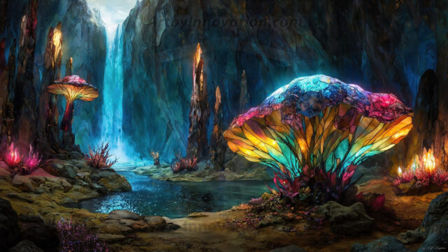 A vibrant and detailed fantasy photograph of an alien planet. Where every element appears meticulously crafted from iridescent stained glass. From a cave system, dominated by towering crystals, giant bioluminescent mushrooms, in all shapes and sizes, that glow in vibrant iridescent colors. A stream of iridescent blue water, flows down the center of the cave from a waterfall, off in the distance. The alien flora, vibrantly colored, attracting alien insects, like nothing you've ever seen. Glow worms hang down from the ceiling, emitting the entire spectrum of the rainbow in colors, they seem to dance and blend as if they are connected. Outside the cave system, the sky shimmers with a breathtaking aurora borealis that fills the sky, creating a cosmic spectacle of galaxies, nebulae, and radiant starlight, in this nighttime landscape.