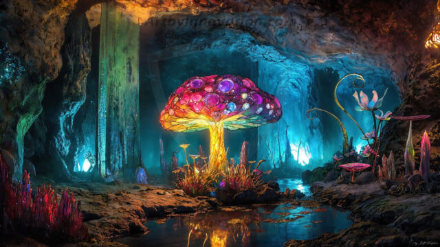 A vibrant and detailed fantasy photograph of an alien planet. Where every element appears meticulously crafted from iridescent stained glass. From a cave system, dominated by towering crystals, giant bioluminescent mushrooms, in all shapes and sizes, that glow in vibrant iridescent colors. A stream of iridescent blue water, flows down the center of the cave from a waterfall, off in the distance. The alien flora, vibrantly colored, attracting alien insects, like nothing you've ever seen. Glow worms hang down from the ceiling, emitting the entire spectrum of the rainbow in colors, they seem to dance and blend as if they are connected. Outside the cave system, the sky shimmers with a breathtaking aurora borealis that fills the sky, creating a cosmic spectacle of galaxies, nebulae, and radiant starlight, in this nighttime landscape.