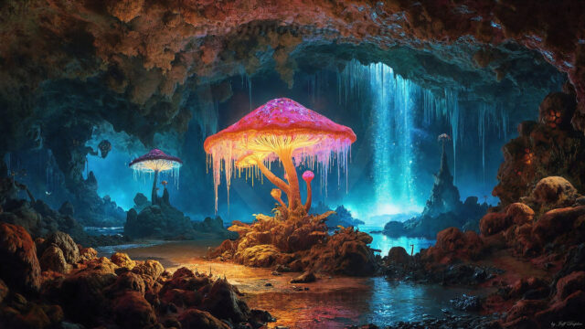 A vibrant and detailed fantasy photograph of an alien planet. Where every element appears meticulously crafted from iridescent stained glass. From a cave system, dominated by towering crystals, giant bioluminescent mushrooms, in all shapes and sizes, that glow in vibrant iridescent colors. A stream of iridescent blue water, flows down the center of the cave from a waterfall, off in the distance. The alien flora, vibrantly colored, attracting alien insects, like nothing you've ever seen. Glow worms hang down from the ceiling, emitting the entire spectrum of the rainbow in colors, they seem to dance and blend as if they are connected. Outside the cave system, the sky shimmers with a breathtaking aurora borealis that fills the sky, creating a cosmic spectacle of galaxies, nebulae, and radiant starlight, in this nighttime landscape.