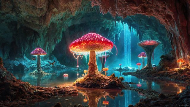 A vibrant and detailed fantasy photograph of an alien planet. Where every element appears meticulously crafted from iridescent stained glass. From a cave system, dominated by towering crystals, giant bioluminescent mushrooms, in all shapes and sizes, that glow in vibrant iridescent colors. A stream of iridescent blue water, flows down the center of the cave from a waterfall, off in the distance. The alien flora, vibrantly colored, attracting alien insects, like nothing you've ever seen. Glow worms hang down from the ceiling, emitting the entire spectrum of the rainbow in colors, they seem to dance and blend as if they are connected. Outside the cave system, the sky shimmers with a breathtaking aurora borealis that fills the sky, creating a cosmic spectacle of galaxies, nebulae, and radiant starlight, in this nighttime landscape.